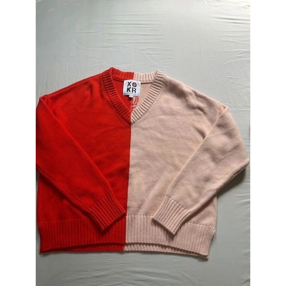 XO KR Kerri Rosenthal Womens Small Heart Split Pink Red Colorblock Knit Sweater